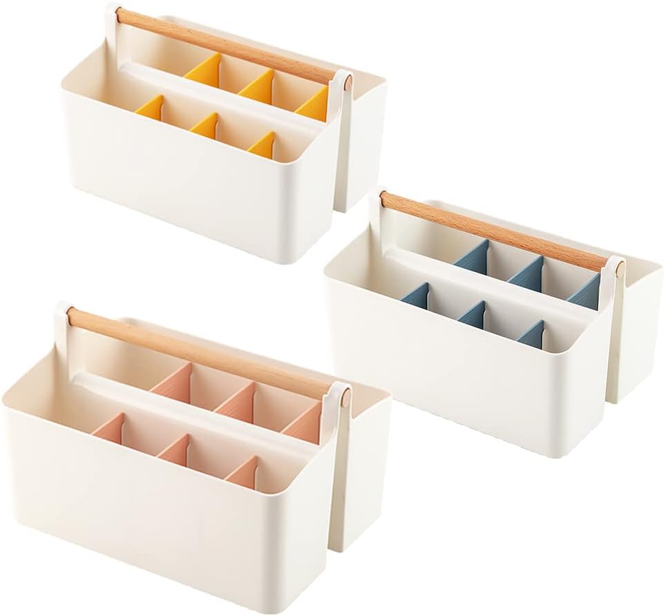 3 pcs Large Portable Craft Caddy with Handle, Cleaning Tote, DIY Divided Basket for Art Colored Pencils Pen Makeup (Pink/Blue/Yellow Dividers)