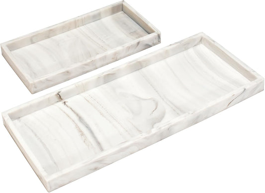 DNC Silicone Bathroom Tray for Counter, 2PC (7.9" +11.8") Vanity Tray for Countertop, Kitchen Sink Soap Tray for Dish Holder Dispenser Toilet Tank Desk Organizer Marble White