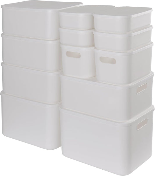 ANMINY 12PCS Plastic Storage Bins Containers with Lids, Large White Storage Organization Bins Boxes, Lidded Plastic Storage Baskets for Closet Shelves Drawers Desktop Home Office, White