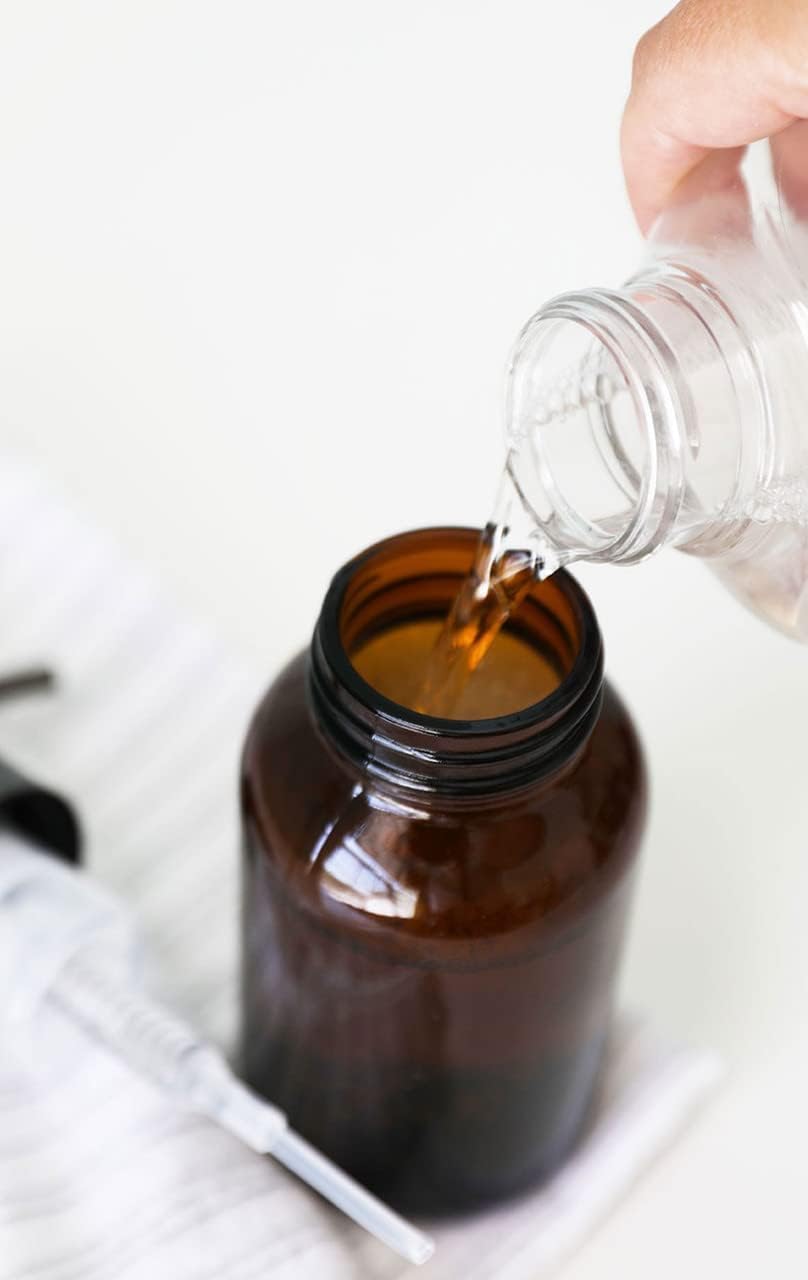 Rail19 Amber Glass Apothecary Foaming Soap Dispenser with Metal Pump - for Kitchen and Bathroom Countertop, 8.5oz (Bronze)