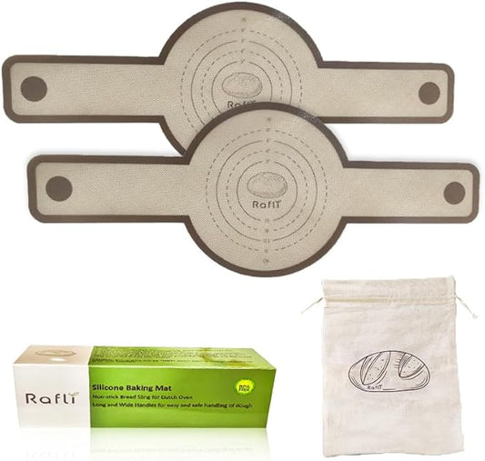 Silicone Bread Sling for Dutch Oven, 2 PC Non-Stick & Easy Clean Reusable Silicone Bread Baking Mat with Long Handles, Easy to Transfer Sourdough Bread + 1 Reusable Bread Bag