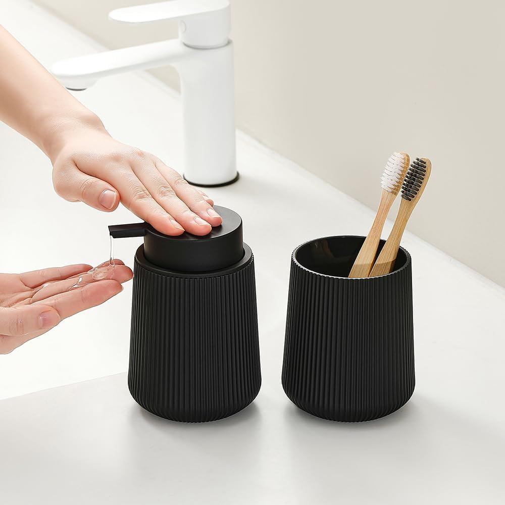 Bathroom Accessories 2 Piece Soap Dispenser and Toothbrush Holder Set Black Striped Round