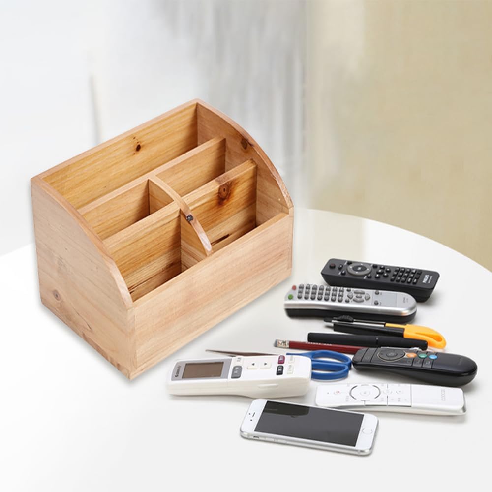 BONNY DODO Remote Control Holders Organizer Box for Table Small Solid Wooden Desk Farmhouse Home Decor Caddy Basket Store ipad for Media Player,Pencil,Glassees&Office Supplies (Wood-M, M)
