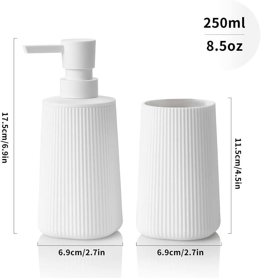 Bathroom Accessories 2 Piece Soap Dispenser and Toothbrush Holder Set Striped White