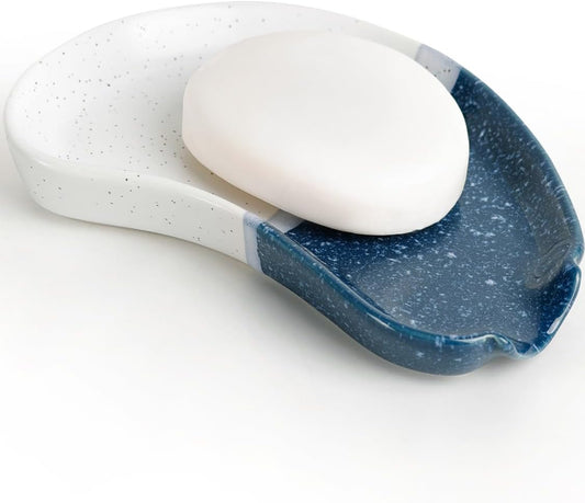 Ceramic Soap Dish – Blue & White Split-Glazed Porcelain Soap Holder with Drainage Grooves, Modern Sink or Bathroom Accessory, Stylish and Easy to Clean