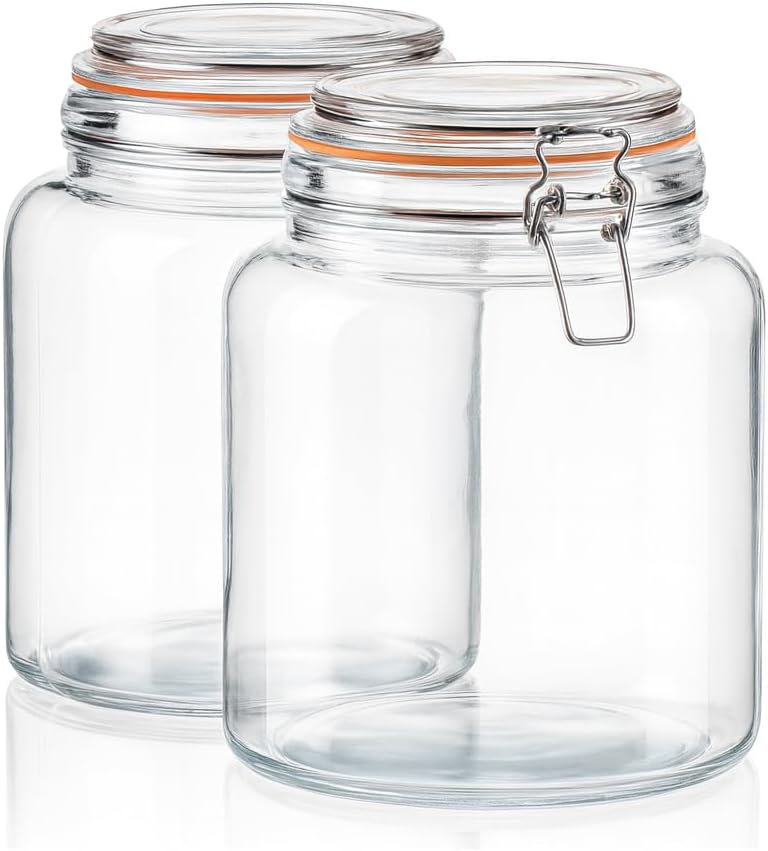 kitchentoolz Half Gallon Glass Large Mason Jars with Airtight Lid - 64oz Wide Mouth Flour & Sugar Container. Also for Sourdough, Pasta, Pickles, Cookies- Flip Top Hinged Closure - 2 Pack