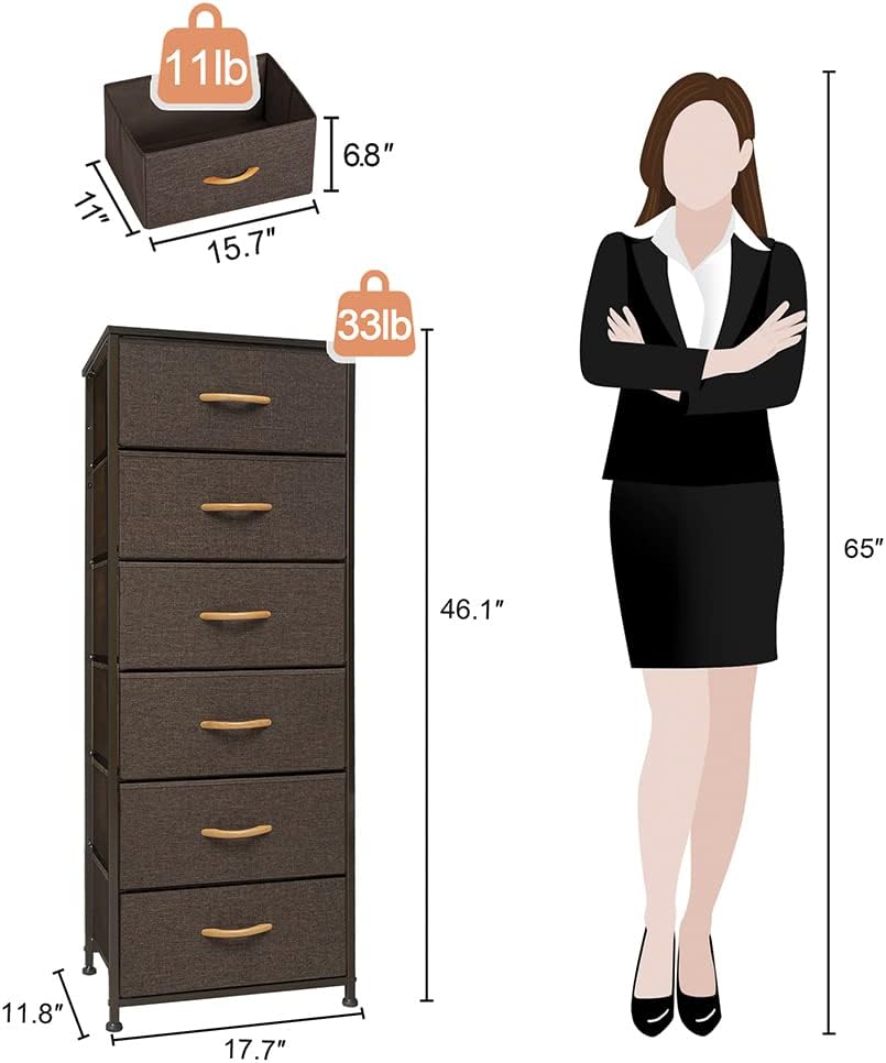 Crestlive Products Vertical Dresser Storage Tower - Sturdy Steel Frame, Wood Top, Easy Pull Fabric Bins, Wood Handles - Organizer Unit for Bedroom, Hallway, Entryway, Closets - 6 Drawers (Brown)