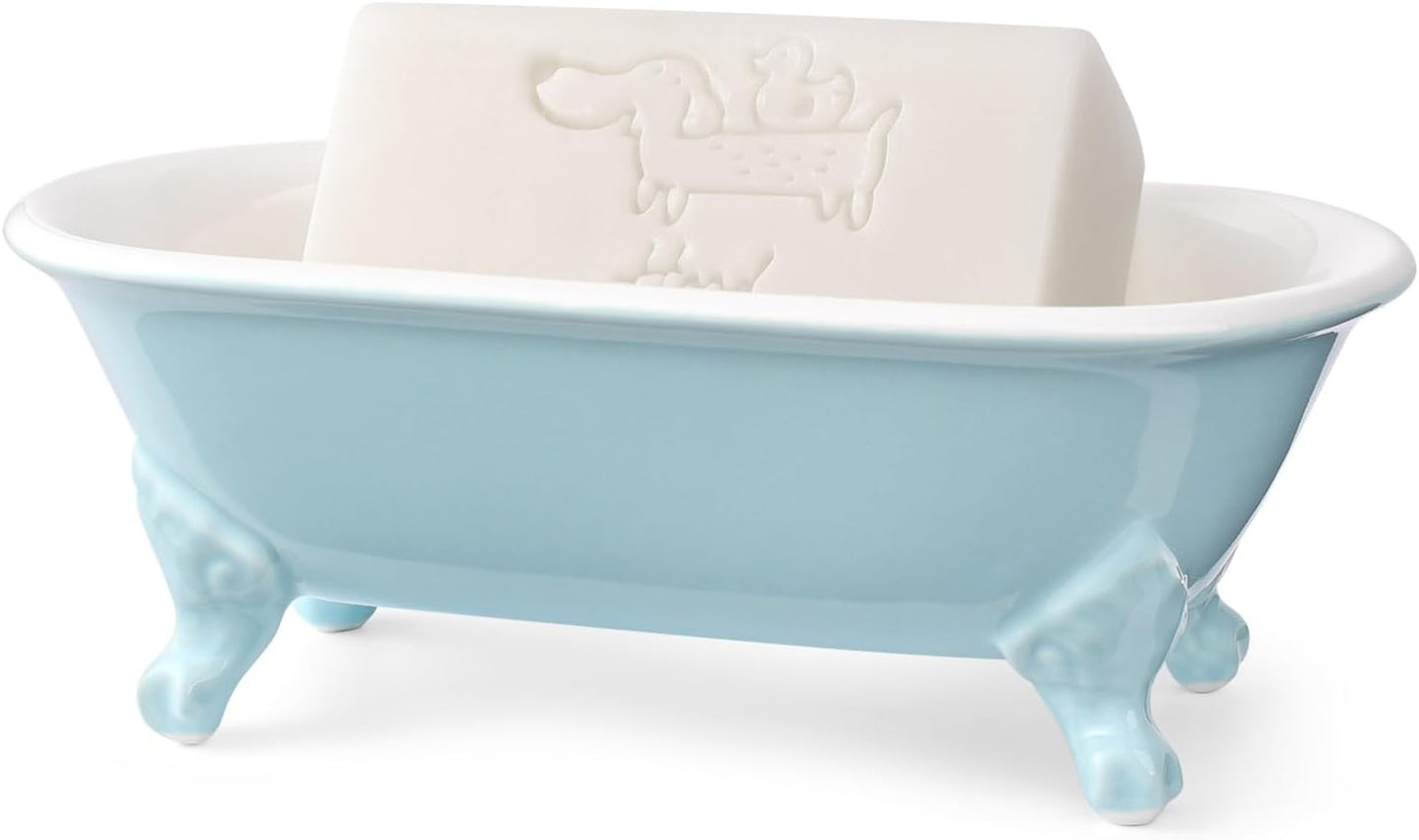 6.5" Ceramic Mini Decorative Clawfoot Bathtub Bar Soap Dish, Kitchen Sponge Holder and Shower Tray for Bathroom, 1 Pack(Baby Blue)