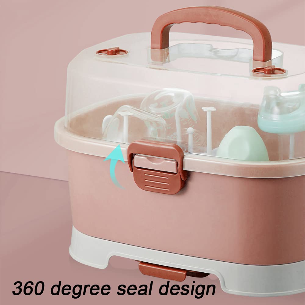 Baby Bottle Drying Rack Storage, Large Nursing Bottle Storage Box Organizer with Cover, Portable Kitchen Cabinet Organizer, Easy to Clean Drainer, Durable countertop Dryer Pink