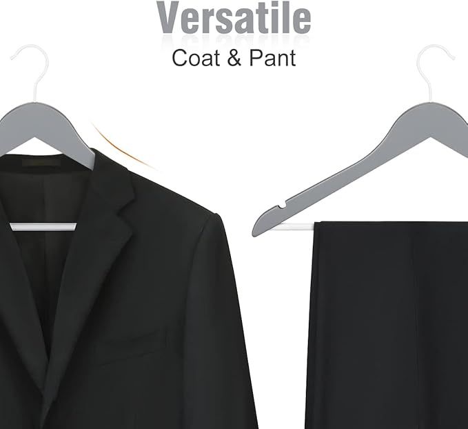 TOPIA HANGER Premium Wooden Hangers with Non-slip Pant Bar, 360°Swivel Hook and Shoulder Notches, 16 Pack Solid Wood Clothes Hangers for Suit, Coat, Jacket, Camisole(Grey/White)-CT35GW6