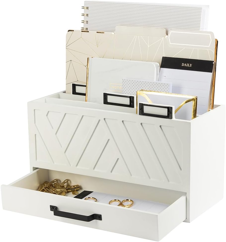 BLU MONACO White Desktop Mail Organizer – Three-Tiered with Gold Label Holders and Drawer – Stylish Mail Holder and Countertop Document Storage for Home or Office