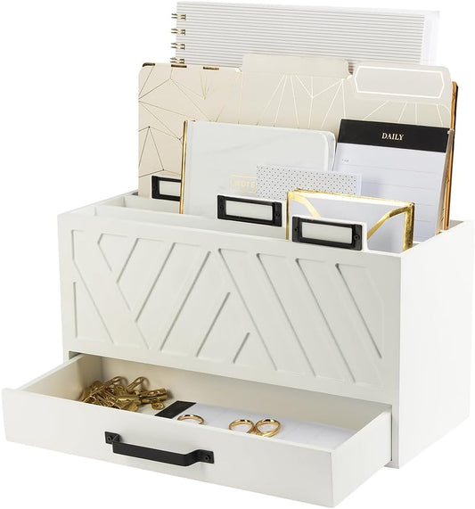 BLU MONACO White Desktop Mail Organizer – Three-Tiered with Gold Label Holders and Drawer – Stylish Mail Holder and Countertop Document Storage for Home or Office