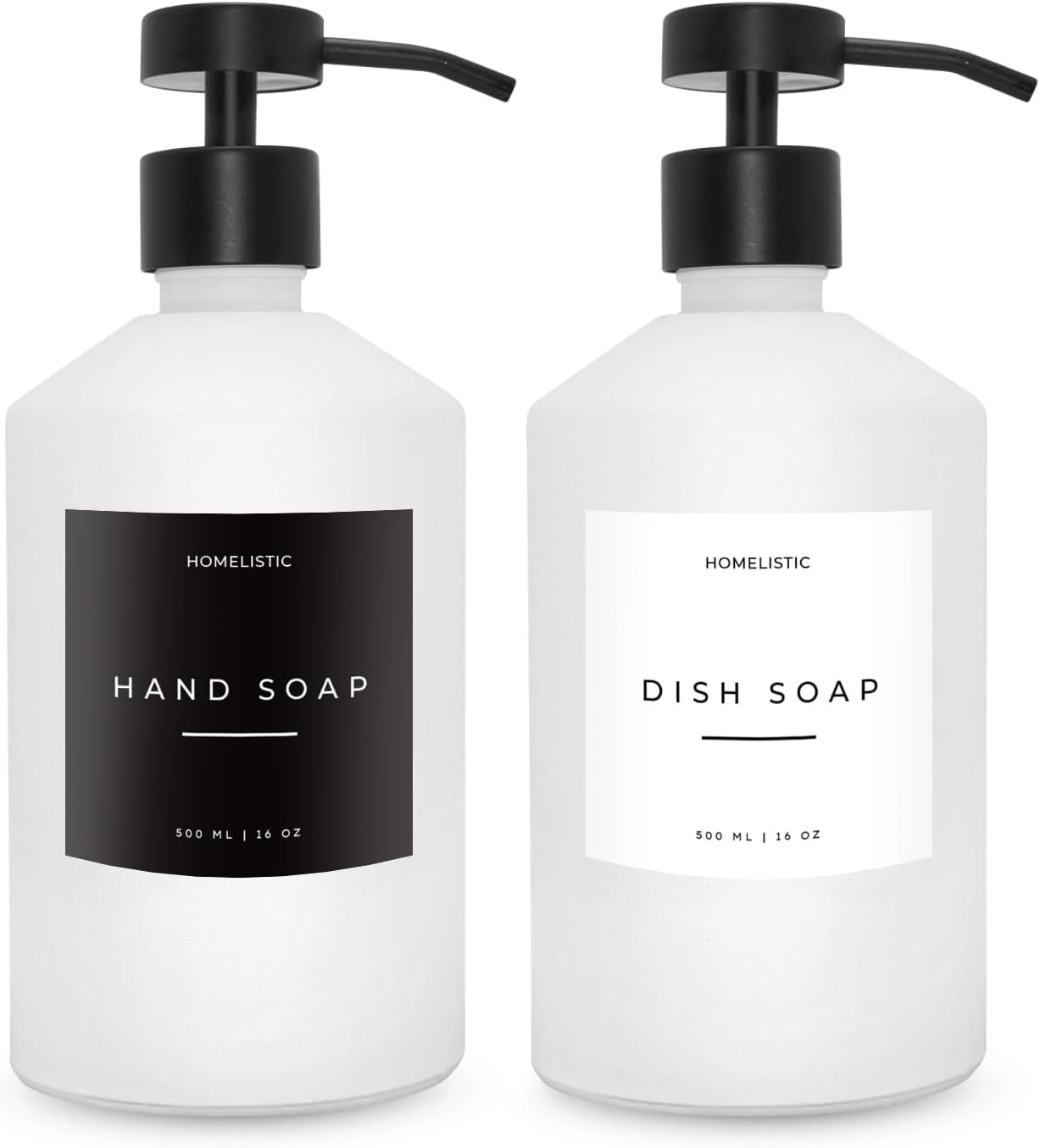 Luxury Glass Soap Dispenser Set of 2 - Elegant Aesthetic White Glass Bottles with Modern Matte Black Stainless Steel Pumps, Ideal for Kitchen, Bathroom, Hand Soap, Dish Soap, and More.