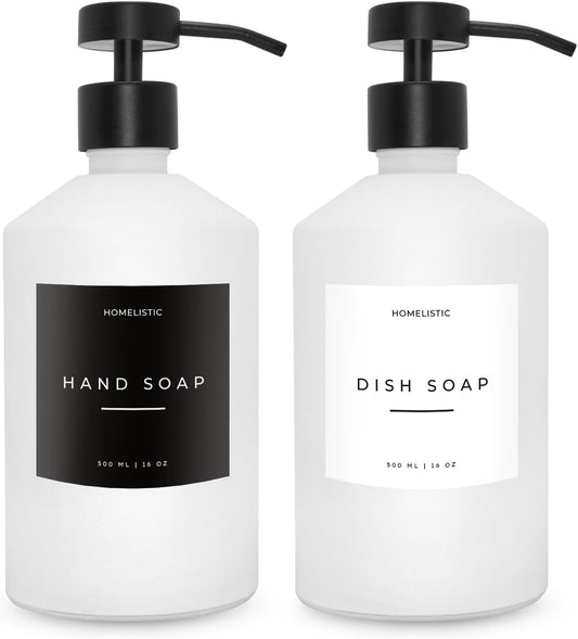 Luxury Glass Soap Dispenser Set of 2 - Elegant Aesthetic White Glass Bottles with Modern Matte Black Stainless Steel Pumps, Ideal for Kitchen, Bathroom, Hand Soap, Dish Soap, and More.