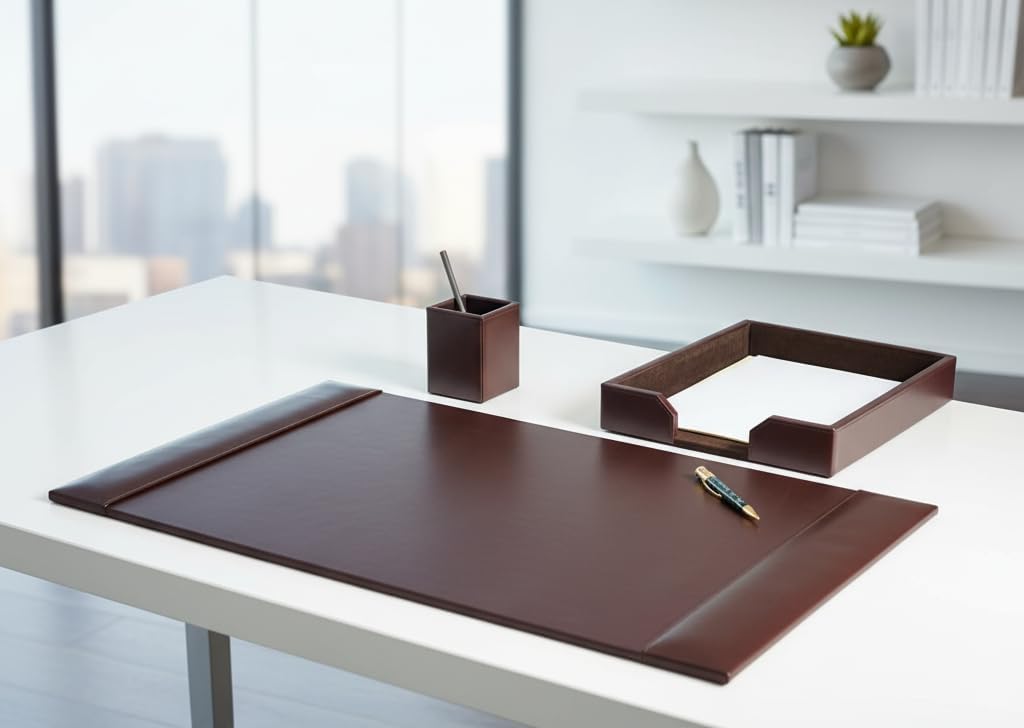 Dacasso Brown Bonded Leather Luxury 3 Piece Desk Set - Blotter Pad & Desk Organization Essentials - Executive Decor and Surface Protector
