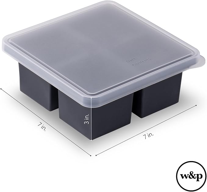 W&P Cup Cubes Silicone Freezer Tray with Lid, Charcoal, Makes 4 Perfect 1-Cup Portions, Freeze & Store Soup, Broth, Sauce, Leftovers, Dishwasher Safe, 4-Cup