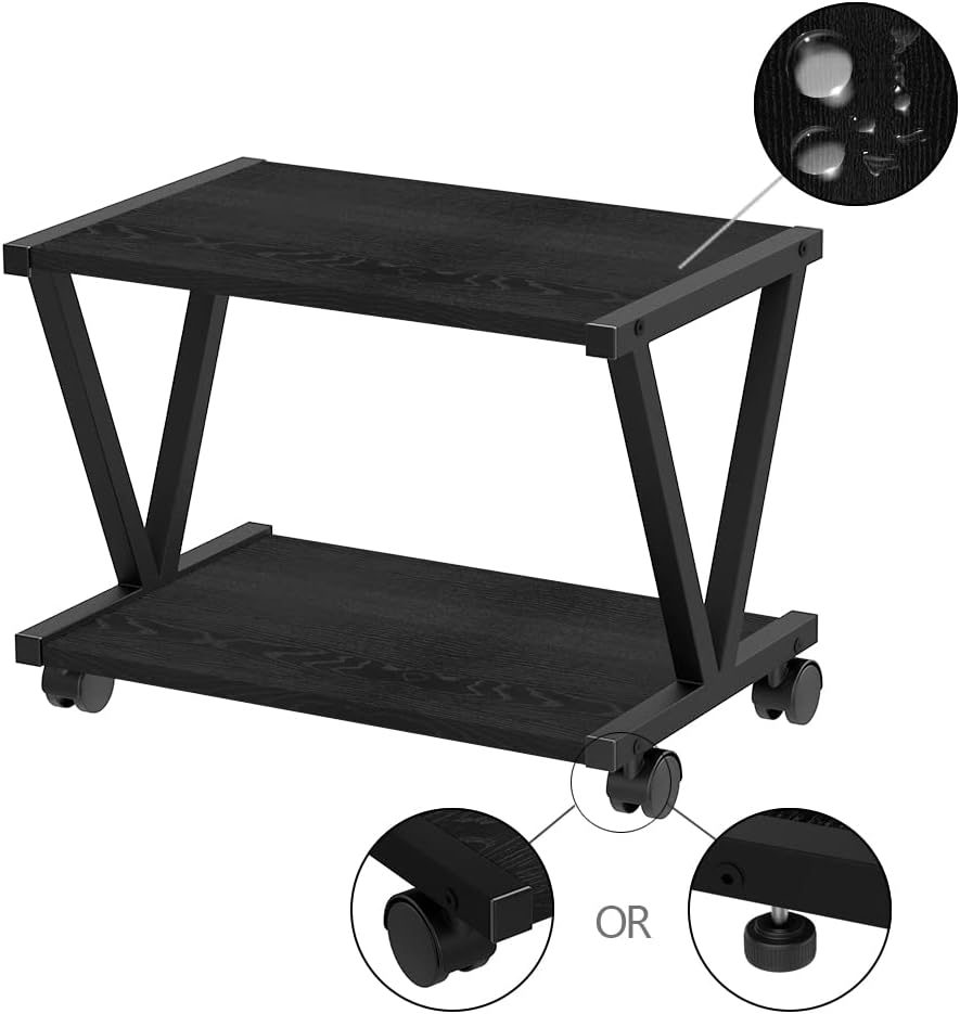 VEDECASA Retro Desktop Printer Stand 2 Double Tiers Wood Printer Shelf Modern Wood Storage Book Shelf Organizor for Home Office Stylish Sturdy V Shaped (Black)