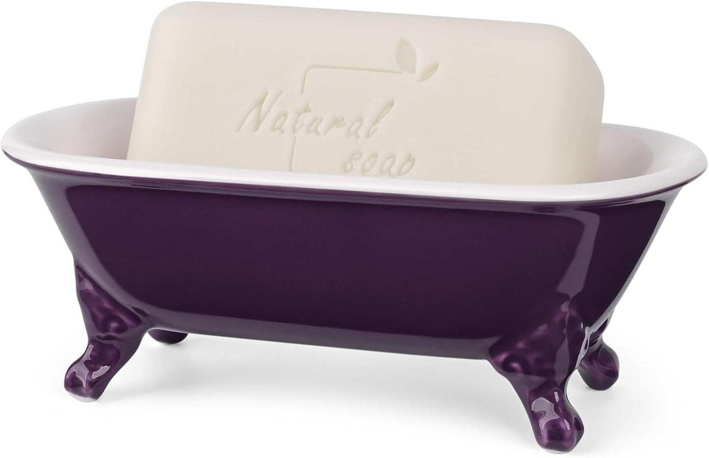 6.5" Ceramic Mini Decorative Clawfoot Bathtub Bar Soap Dish, Kitchen Sponge Holder and Shower Tray for Bathroom, 1 Pack(Plum)