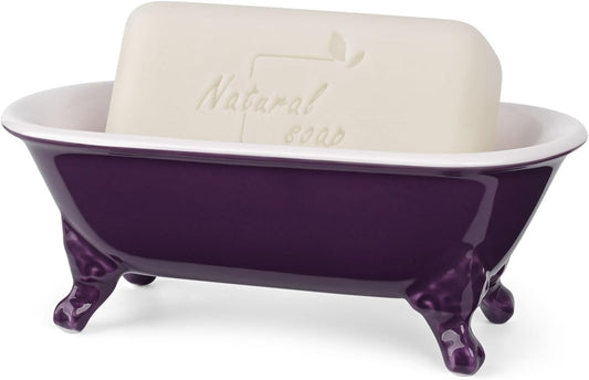 6.5" Ceramic Mini Decorative Clawfoot Bathtub Bar Soap Dish, Kitchen Sponge Holder and Shower Tray for Bathroom, 1 Pack(Plum)