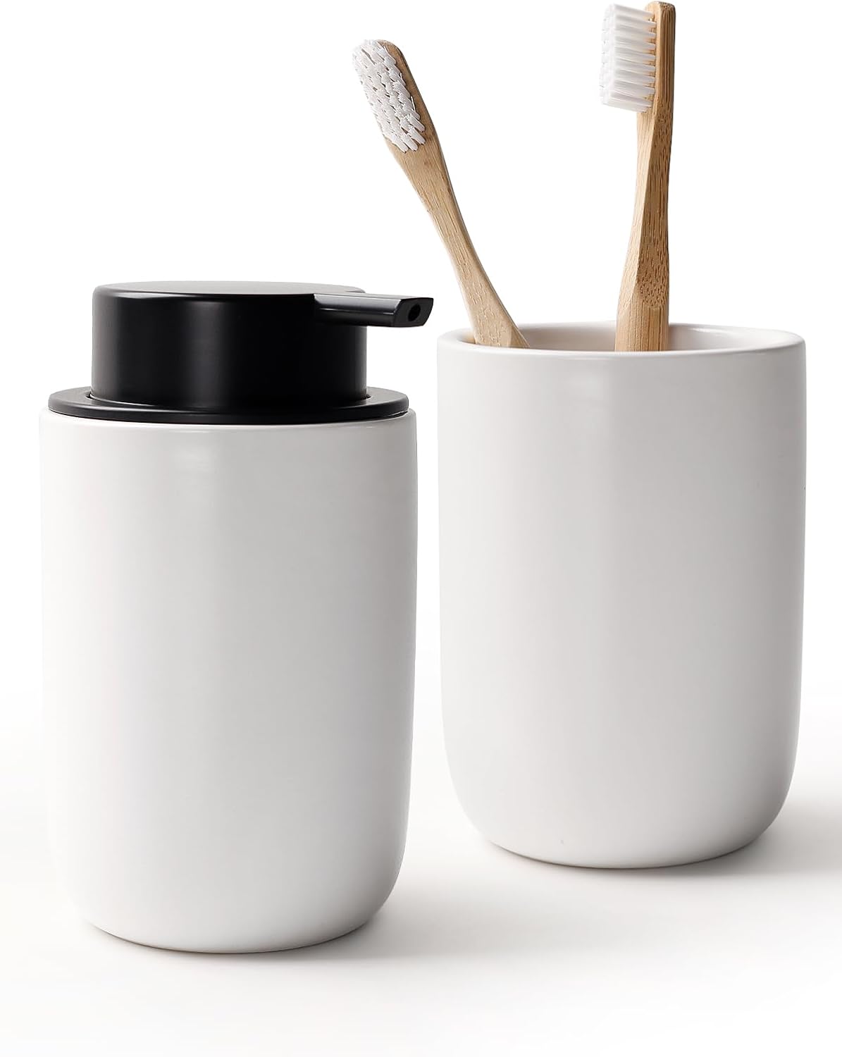 Bosilunlife Soap Dispenser and Toothbrush Holder Set - 11Oz Dish Hand Soap Dispenser Pump Ceramic Bathroom Counter Soap Toothbrush Holder Set White Bathroom Accessories Set