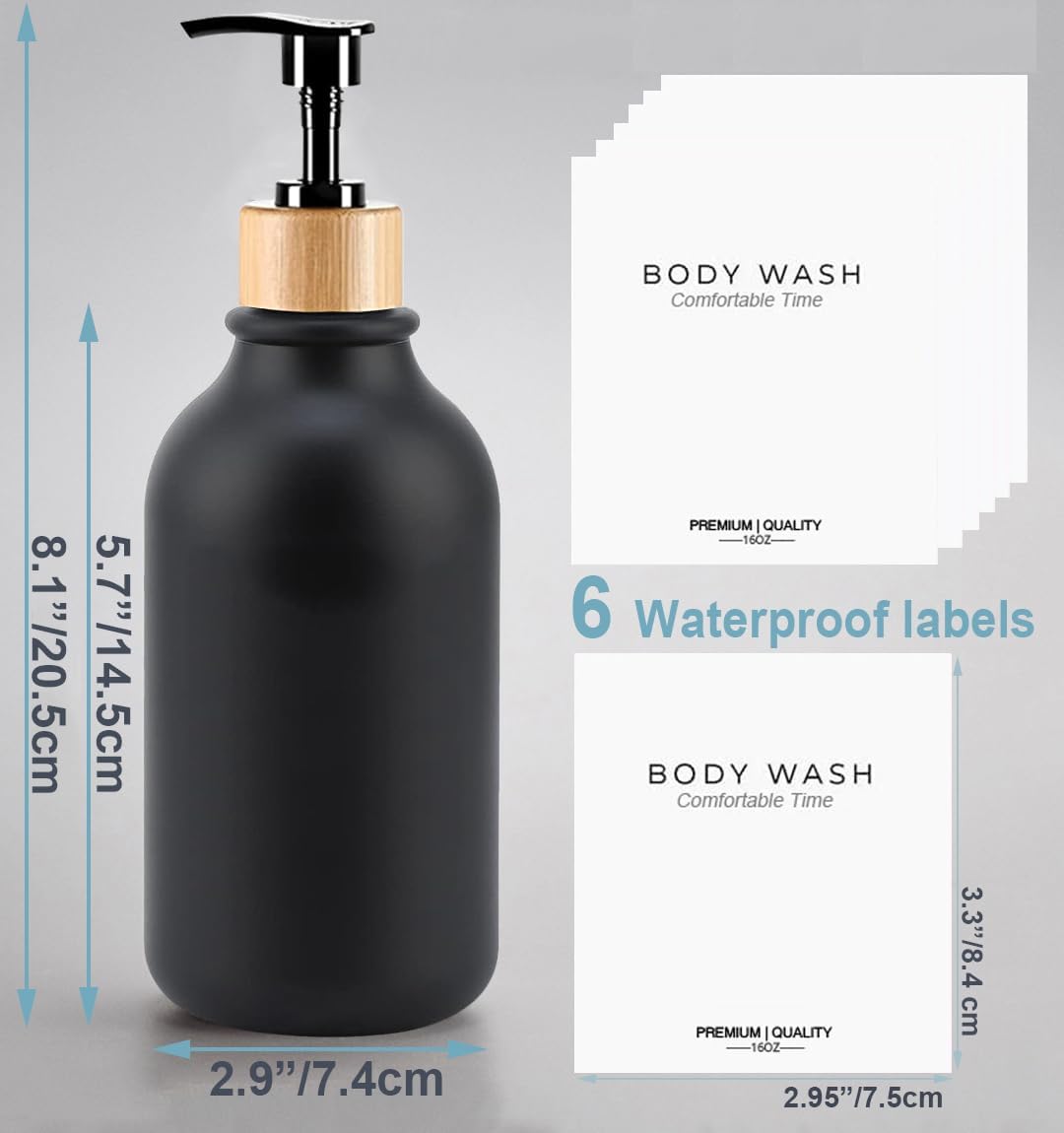 Frosted Heavy Duty Shampoo and Conditioner Bottles, Apothecary Dispenser Bamboo Pump, Refillable Shampoo Bottles for Shampoo Lotion Oil Shower Soap Hand Soap and Dish Soap (Matte Black)