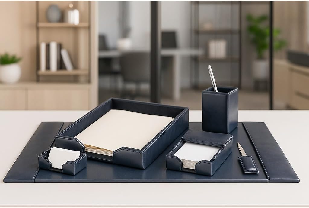 DACASSO Bonded Leather Desk Set - Luxury Leather Desk Pad & Desk Organization Essentials (Navy Blue, 6 Piece)