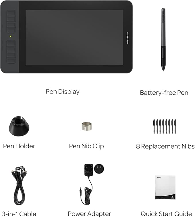 GAOMON PD1161 Drawing Tablet 11.6 Inch IPS Tilt Support Pen Display - Drawing Pad with 8 Shortcuts and 8192 Levels Battery-Free AP50 Stylus Black