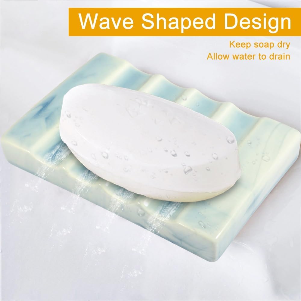 Soap Dish for Bathroom Sink and Shower Ceramic Soap Tray, Small Bar Soap Holder with Drainage Non-Slip Luxury Bathroom Decor Accessories (Gradient Blue)
