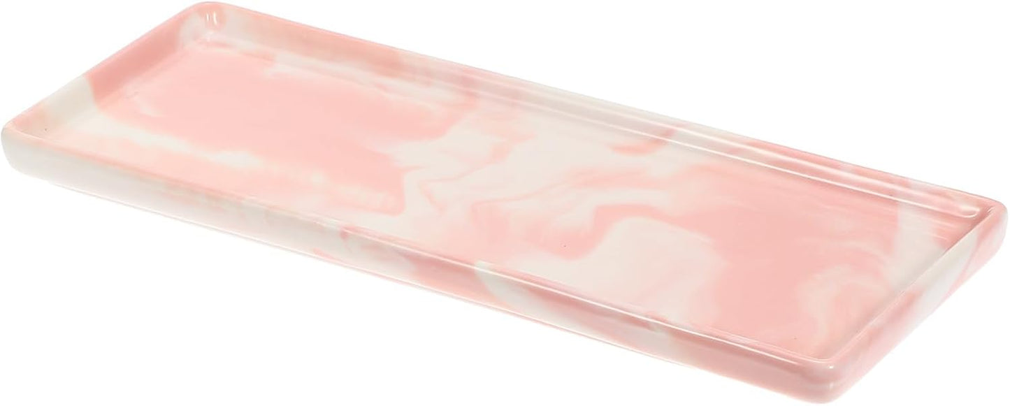 uxcell Marble Tray for Bathroom 9" Small Rectangle Ceramic Vanity Tray for Countertop Shatterproof Bathtub Soap Tray Kitchen Sink Organizer Key Trinket Ring Tray, Pink