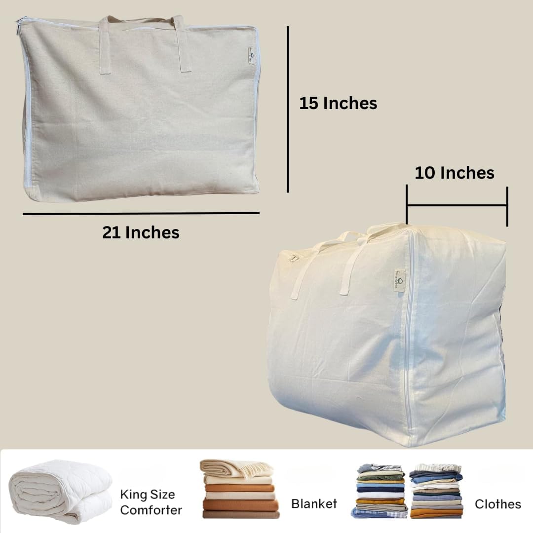 Storage Bag with Handles for Beddings, Comforters, Blankets, Pillows, Linens and Garments -Underbed/WardrobeThick Soft Breathable Closet Organizer Bag (Large (21"X15"X10"), Off-white)