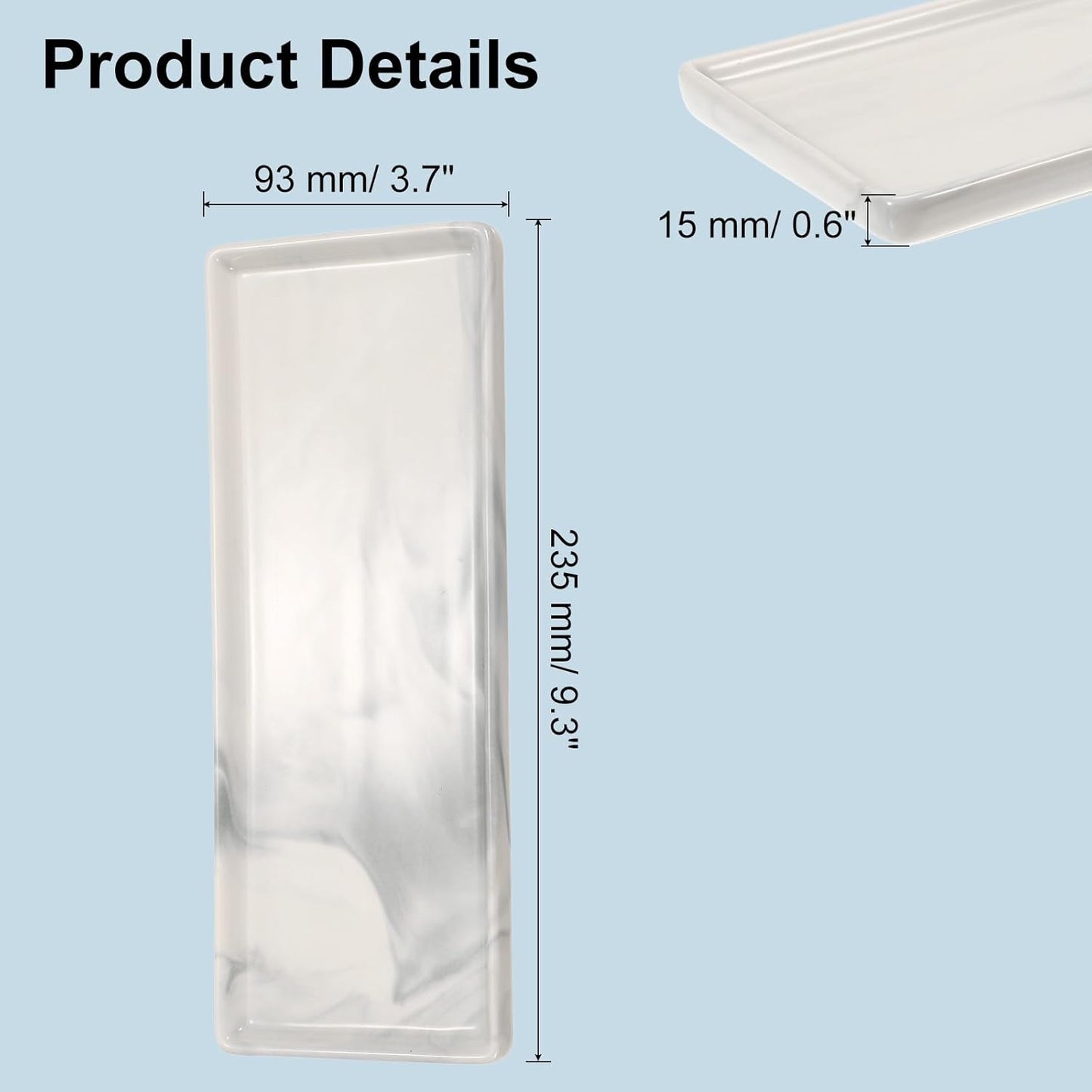 uxcell Marble Tray for Bathroom 9" Small Rectangle Ceramic Vanity Tray for Countertop Shatterproof Bathtub Soap Tray Kitchen Sink Organizer Key Trinket Ring Tray, Grey