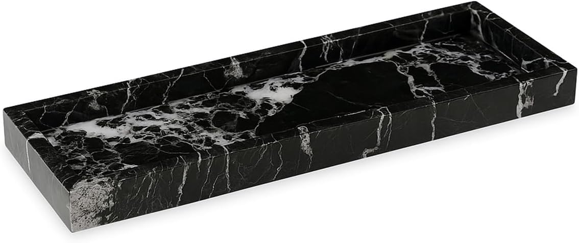 Bey-Berk Atticus Black Zebra Marble Vanity Tray – Handcrafted Stone Organizer for Bathroom Countertop Accessories