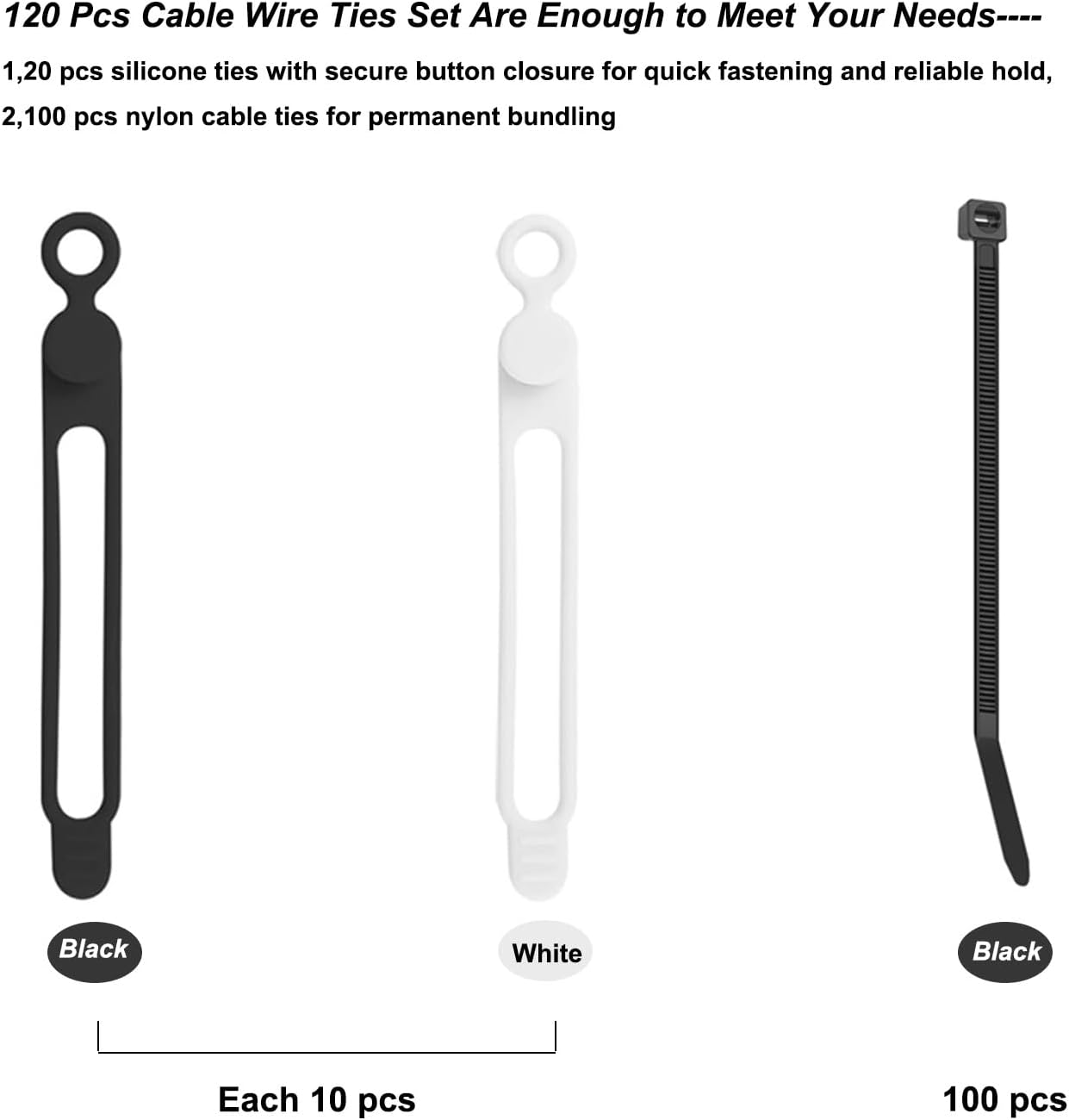 120 Pcs Cable Organizer Set, 20pcs Silicone Cable Ties Reusable & Nylon Cable Ties 100pcs, Multipurpose Elastic Cord Management Organizer for Charger, USB, Phone, Data Cables - Black and White