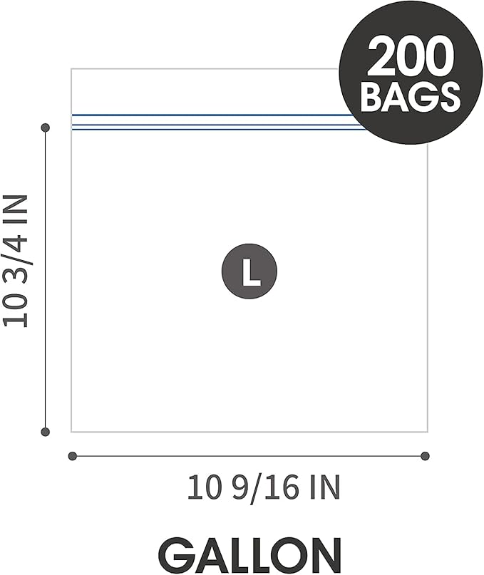 24/7 Bags- Gallon Zip Storage Bags, 200 Count, Double Zipper Seal, Easy Grip Open Tabs, Write-On Space, BPA-Free & Heavy Duty, Microwave Safe, Non-StandUp