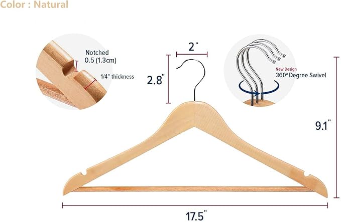 Wooden Coat Hangers, Natural Wood Suit Hangers with Non Slip Pant Bar, for Clothes, Shirts, Jackets, Dress, Pants (Natural, 30)