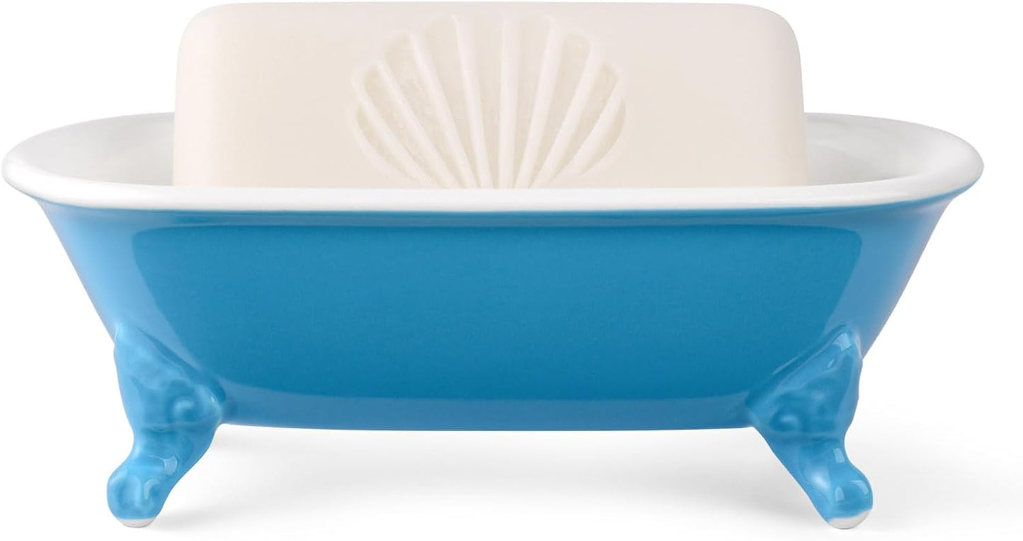 6.5" Ceramic Mini Decorative Clawfoot Bathtub Bar Soap Dish, Kitchen Sponge Holder and Shower Tray for Bathroom, 1 Pack(Pacific Blue)