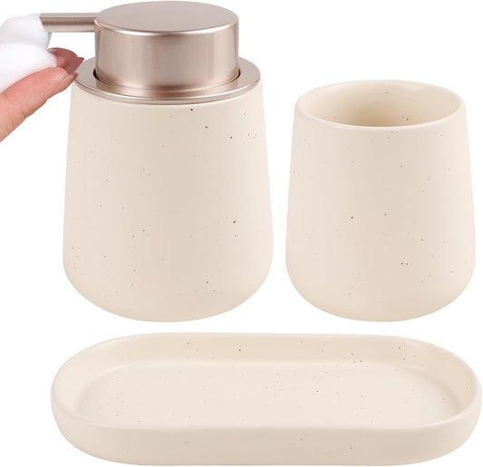 BosilunLife Bathroom Accessories Set 3 pcs - Bathroom Ceramic Foaming Soap Dispenser Set Farmhouse Bathroom Decor, Foam Soap Dispenser and Toothbrush Holder with Tray