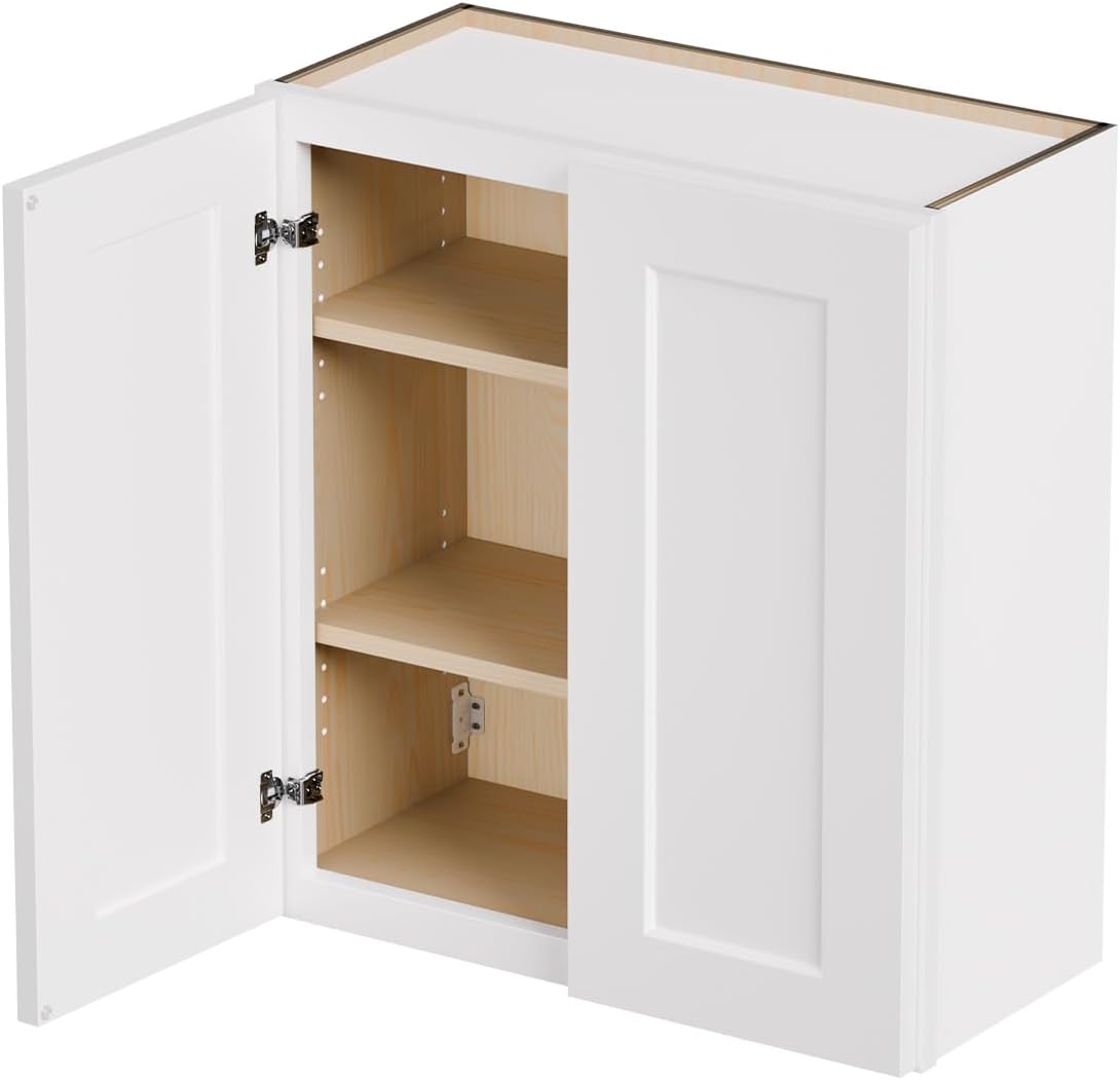 33 Inch Laundry Room Cabinets Wall Mounted, Solid Wood Over The Toilet Storage Cabinet, Bathroom Organizer Cabinets with 2 Shaker Door & Shelves, Easy to Assemble for Kitchen, Garage - White