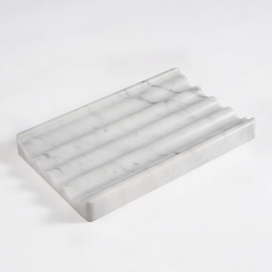 Soap Holder, Marble Soap Dish for Shower, Bar Soap Holder with Water Ripple Design, Easy Cleaning Soap Saver for Kitchen Sink，Bathroom, Executive Italian Natural Stone Soap Tray(Bianco Carrara)