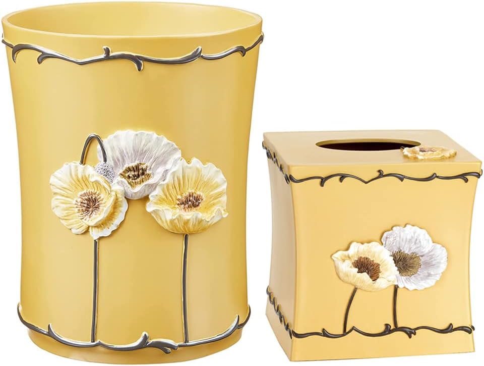Zahari Home 2pc Poppy Fields Modern Bath Accessories Set Waste Basket & Tissue Box Modern Classic Contemporary Decorative Beautiful Designs Bathroom Decor Set for Home Luxury Yellow Bath Set