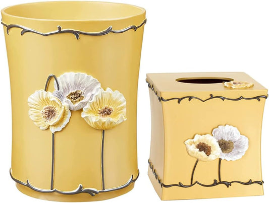 Zahari Home 2pc Poppy Fields Modern Bath Accessories Set Waste Basket & Tissue Box Modern Classic Contemporary Decorative Beautiful Designs Bathroom Decor Set for Home Luxury Yellow Bath Set