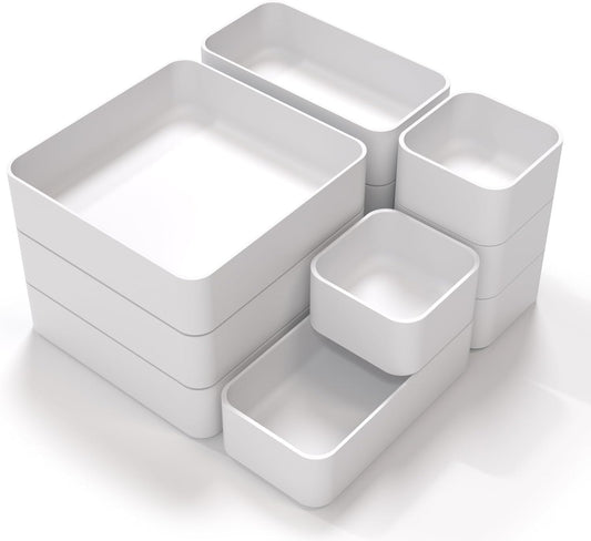 CHANCETSUI 11-Piece Stackable Drawer Organizer Set, Multi-size Desk Drawer Organizer Trays Vanity Storage Bins for Storing Makeup, Stationery, Utensils in Bathroom Dresser, Office and Kitchen