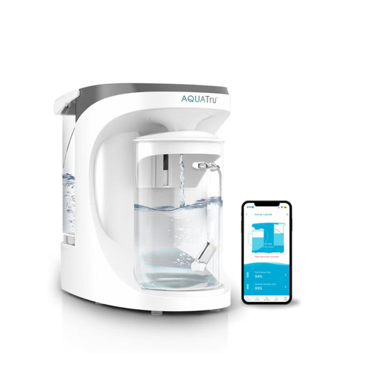 AquaTru Carafe Smart Countertop Water Purifier | App-Connected 4-Stage Reverse Osmosis System with Glass Carafe Removes Forever Chemicals, Lead & Fluoride | Track Filter Life | No Plumbing