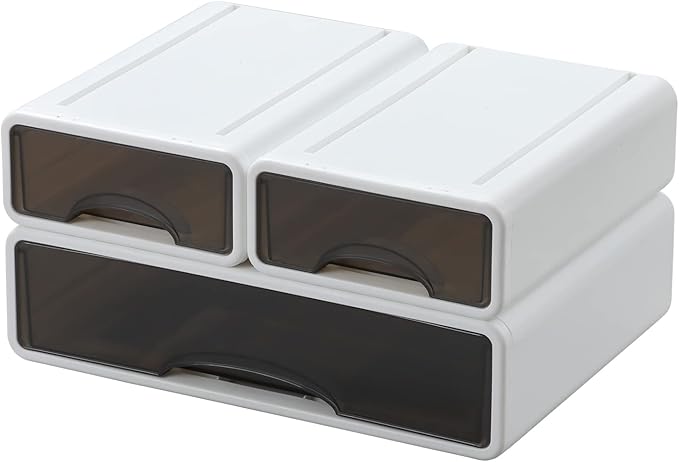 White Desktop Drawers for Paper, Stackable Office Storage Drawers for Desk, Craft Organizer and Storage Bins, 3 Mixed Storage Container with Plastic Drawers for Office Supplies