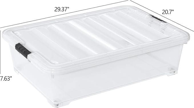 50 Quart Clear Latch Bin with Lid, Large Plastic Under Bed Storage Box, 3 Pack