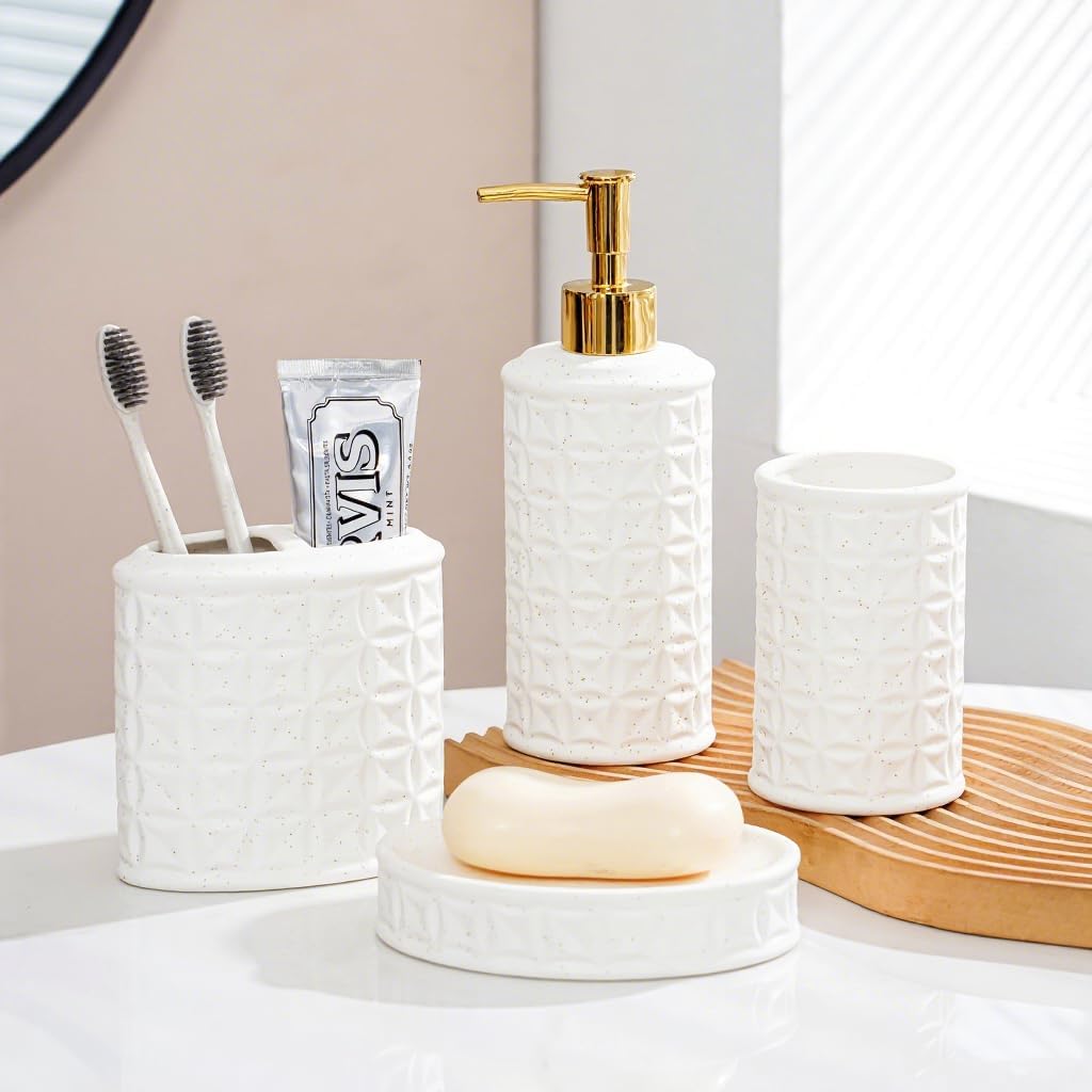 Bathroom Accessories Set 4 Pcs - Ceramic Soap Dispenser, Toothbrush Holder, Tumbler & Soap Dish with Coin Pattern Design, White Bathroom Decor Set for Counter Organization