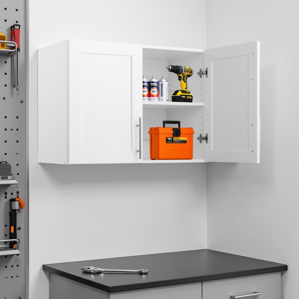 Prepac Elite 24" H Wall Cabinet with Panel Doors, White Storage Cabinet, Bathroom Cabinet, Pantry with 1 Adjustable Shelf 16.75" D x 32" W x 24" H, WSUR-1002-1