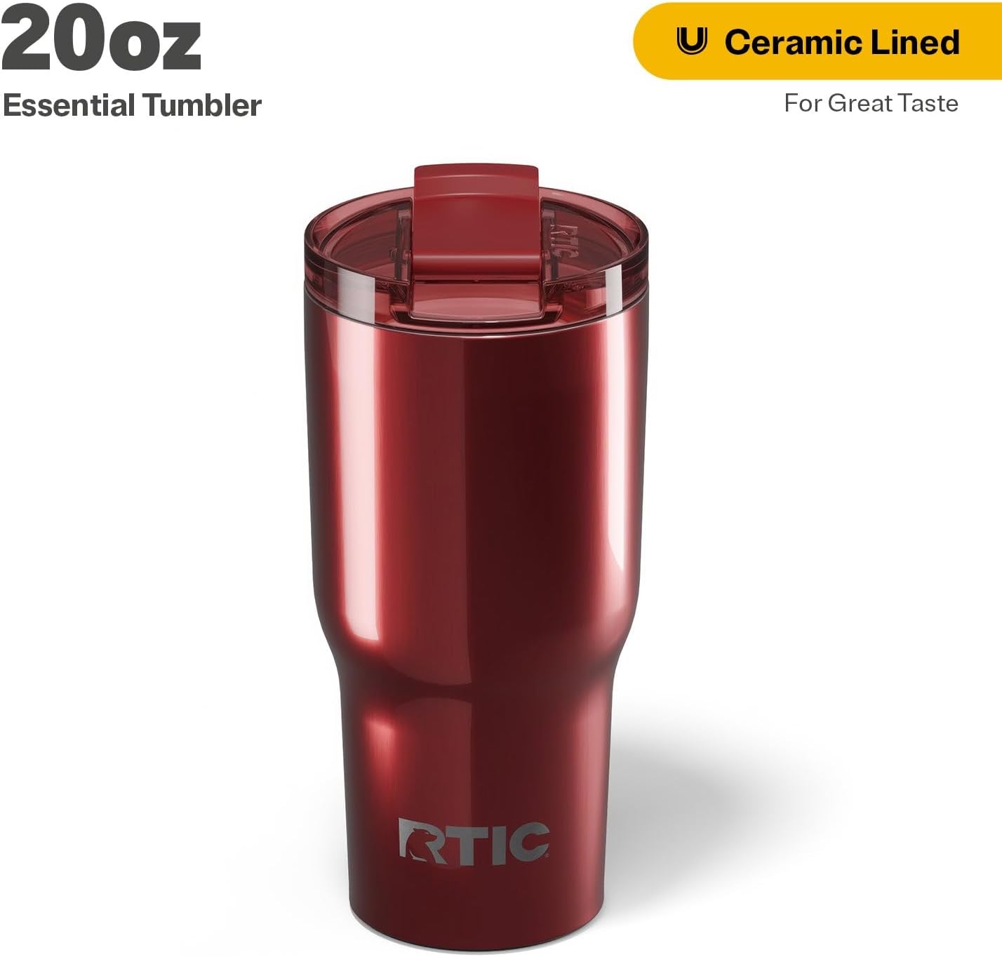 RTIC 20oz Essential Tumbler with Lid, Insulated, Stainless Steel, Metal, Double Wall Vacuum-Insulation, Ceramic Lined, Travel Cup for Iced Coffee, Tea, Hot and Cold Drink, Black Cherry Metallic