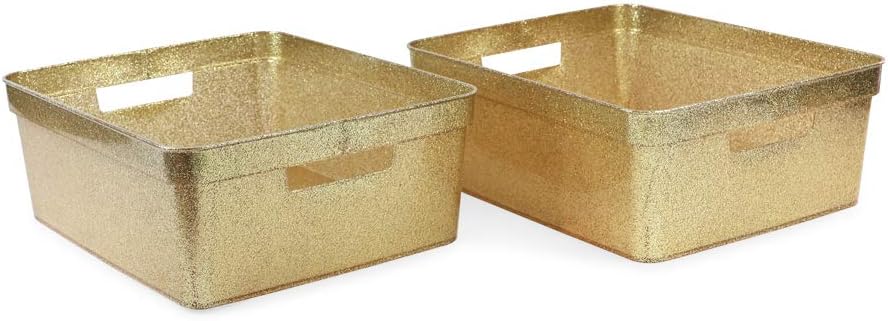 Isaac Jacobs Medium Glitter Storage Bin (14” x 11.5” x 5.5”) Set w/Cut-Out Handles, Plastic Organizer, Multi-Functional, Home Storage Solution, Kids Playroom, Bedroom, Closet (2, Gold)