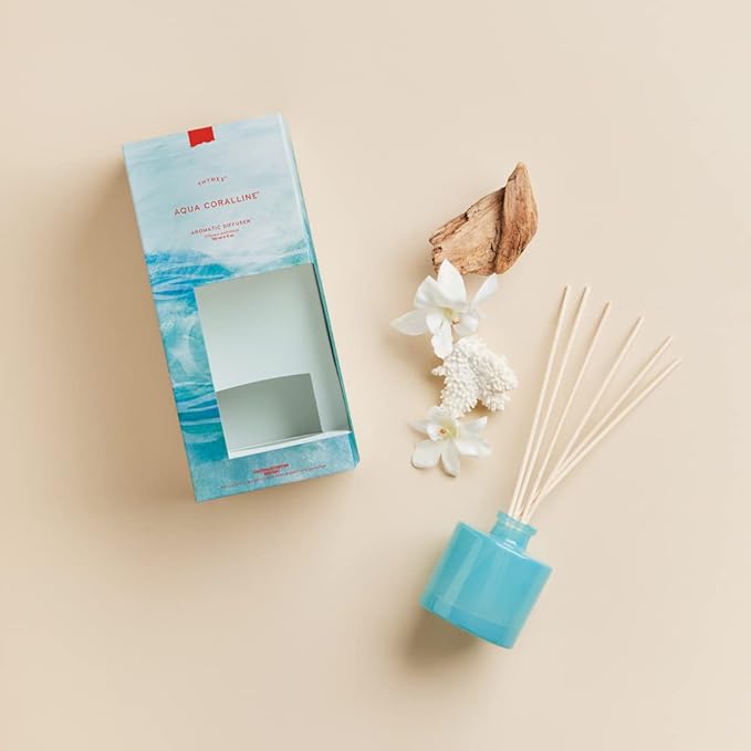 Thymes Petite Reed Diffuser Set – Includes Rattan Wood Sticks, Fragrance Oil, & Glass Bottle – Home Fragrance Oil Diffuser – Luxury Home Decor – Apartment Essentials (Aqua Coralline, 4 fl oz)